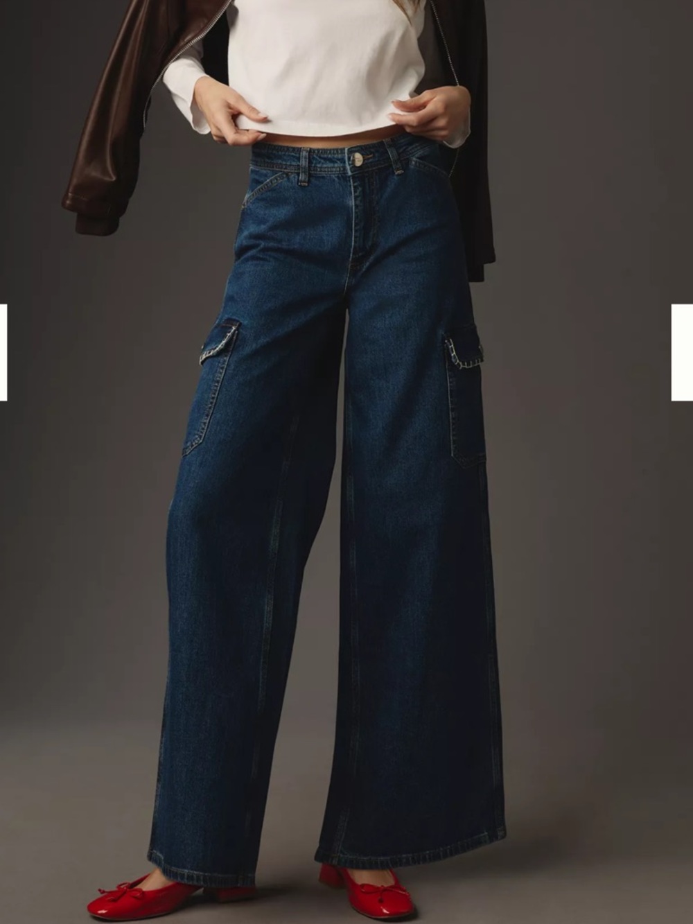 Anthropologie Seventy + Mochi Wide-Leg Cargo Jeans in Dark Blue Denim
